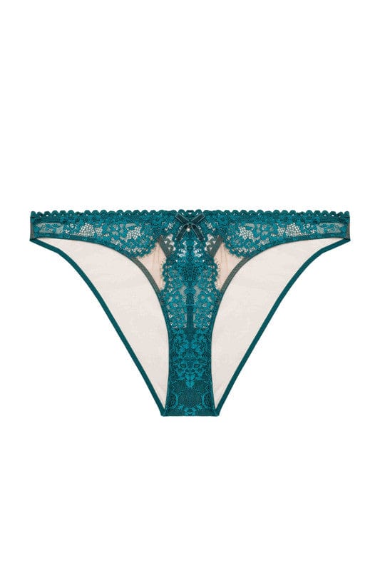 Teal eyelash lace brazillian brief with velvet bow with pearl charm and nude mesh with teal eyelash lace panels.
