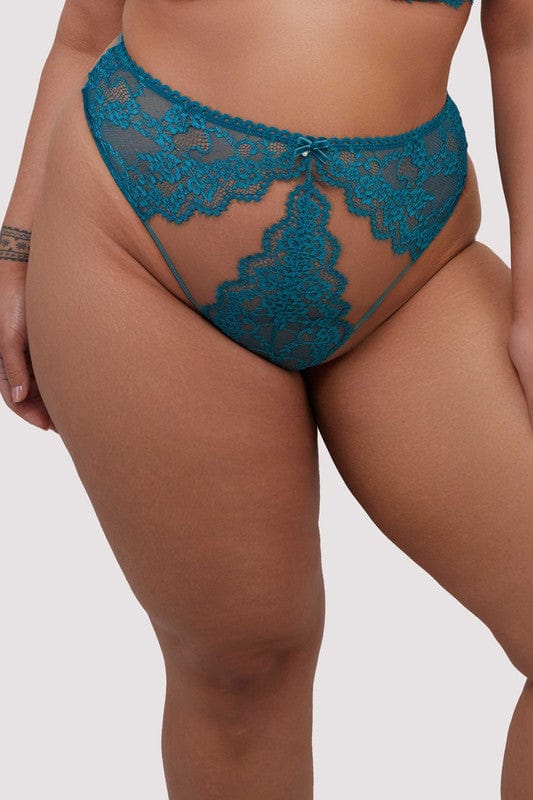 Model wears a teal eyelash lace high waist thong with velvet bow with pearl charm, picot trimmed waistband and nude mesh with teal eyelash lace panels.