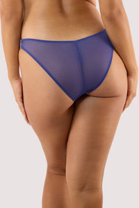 Model Wears Baroque Embroidery Brief Back View in Sheer Blue Mesh