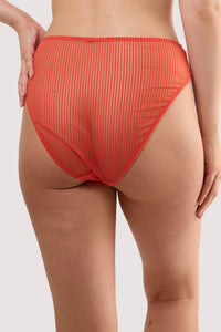 Model shows the back of a veronica red microstripe hipster brief as a full-brief back.