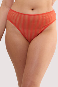 Model wears a veronica red microstripe hipster brief with red microstripe mesh.
