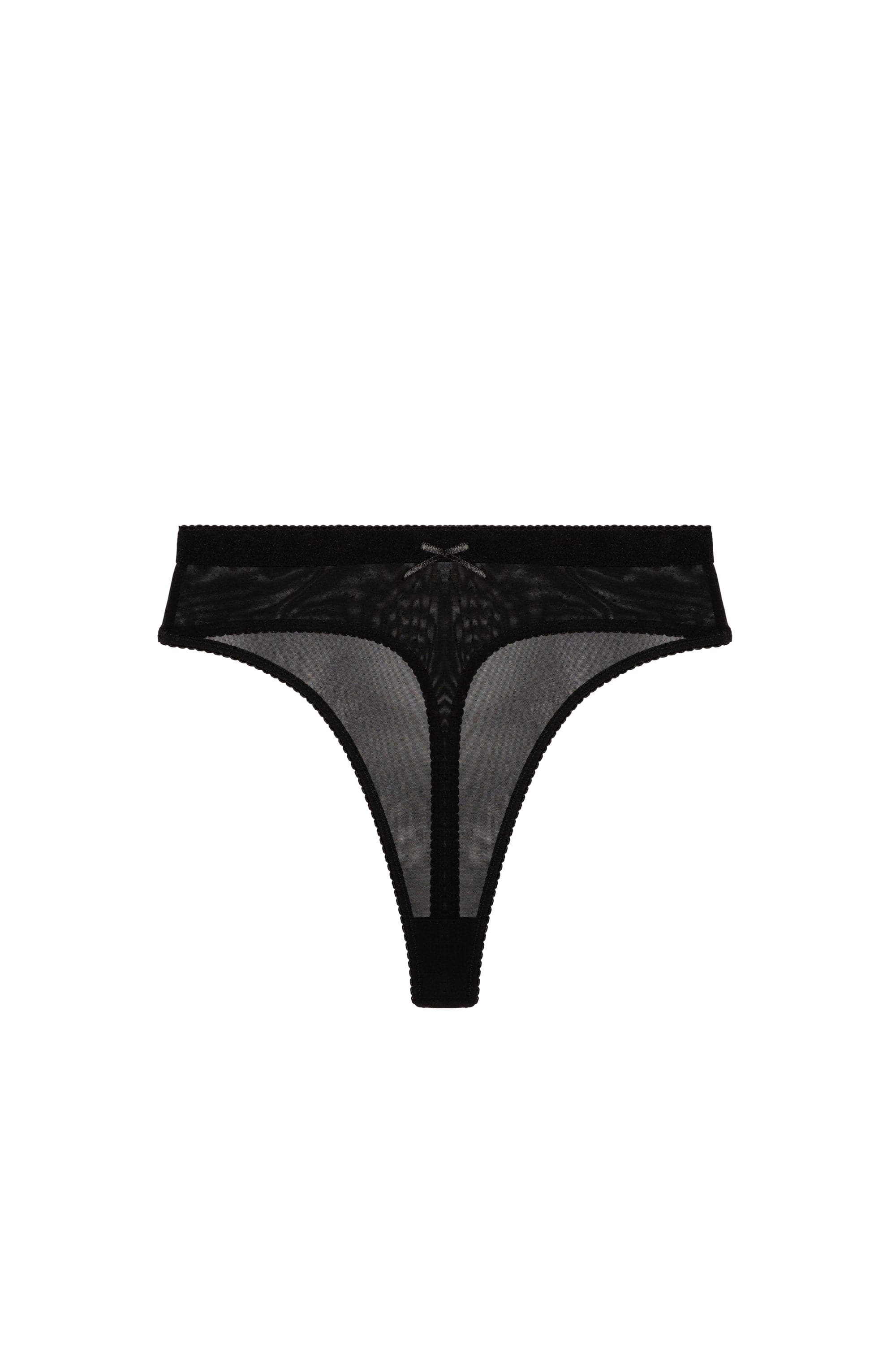 Black mesh high waist thong with satin bow and sheer mesh panel