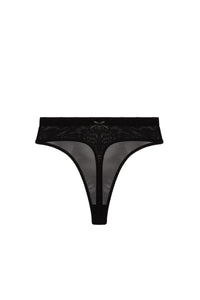 Black mesh high waist thong with satin bow and sheer mesh panel