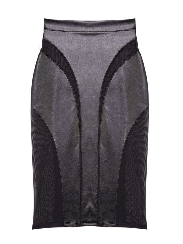 Black vegan leather mesh insert pencil skirt featuring leather panels with sheer mesh inserts with waist cinching, silhouette defining fit.