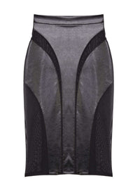 Black vegan leather mesh insert pencil skirt featuring leather panels with sheer mesh inserts with waist cinching, silhouette defining fit.