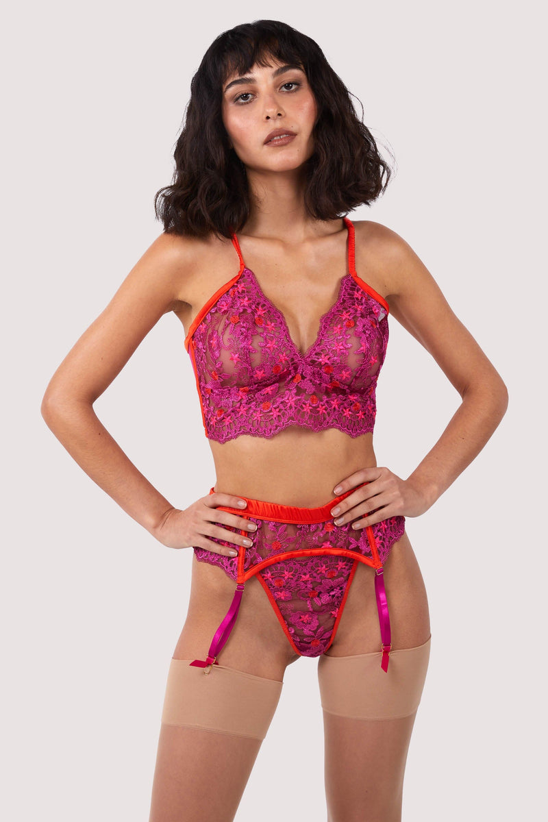 Floral Lace Satin Triangle Bralette Fiery Red