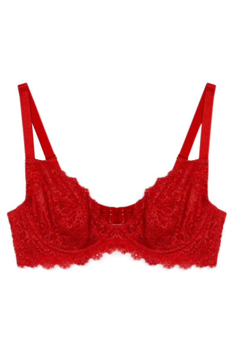 Bra 34B Red by La Marru Balconette Underwired Padded Lace Overlay