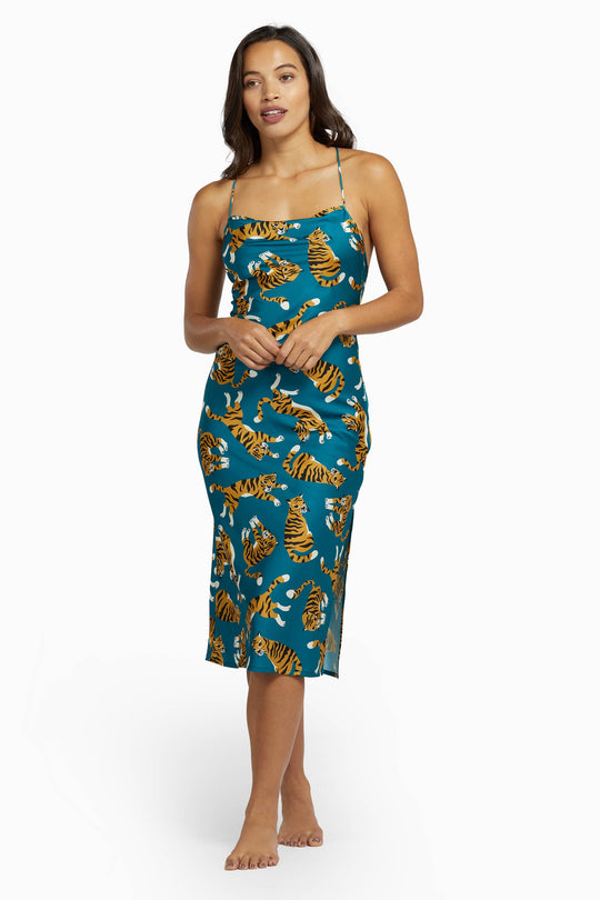 Kilo Brava Teal Tiger Satin Cowl Midi Slip Dress