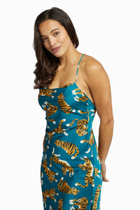 Kilo Brava Teal Tiger Satin Cowl Midi Slip Dress