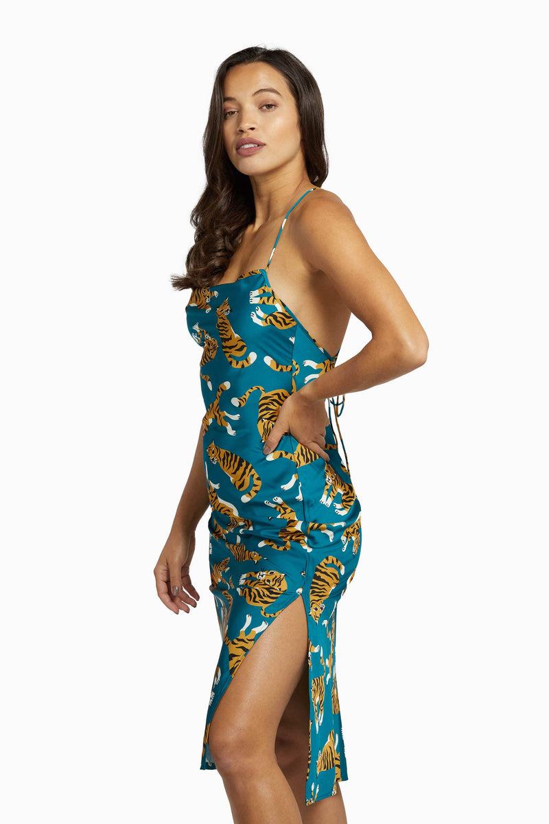 Kilo Brava Teal Tiger Satin Cowl Midi Slip Dress