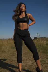 Cropped Leggings with Crossover Waistband Black