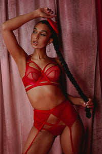 Mercury Red Harness Mesh Balcony Bra