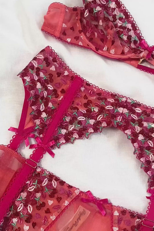 Cherry Embroidery Coral Plunge Bra
