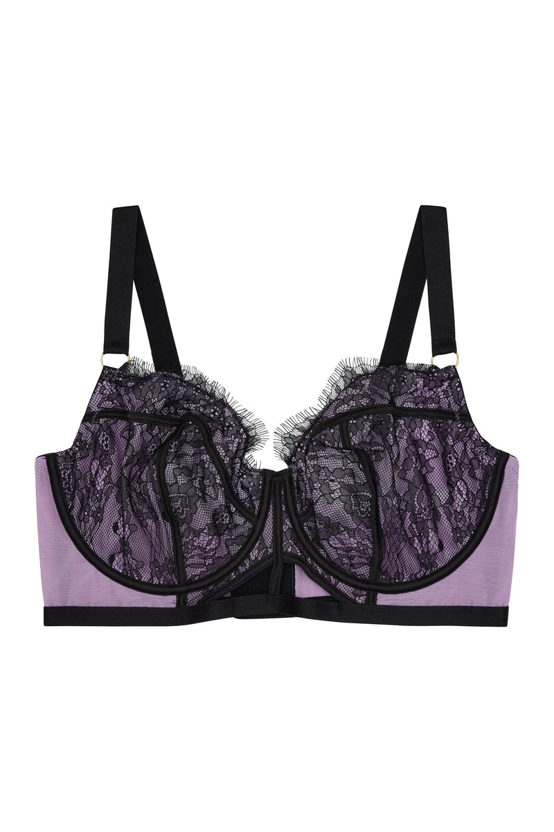 Ivory Rose lace and mesh contrast lingerie set in dark purple