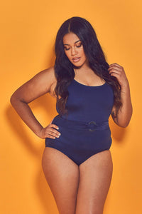Navy Belted Plunge Swimsuit Curve