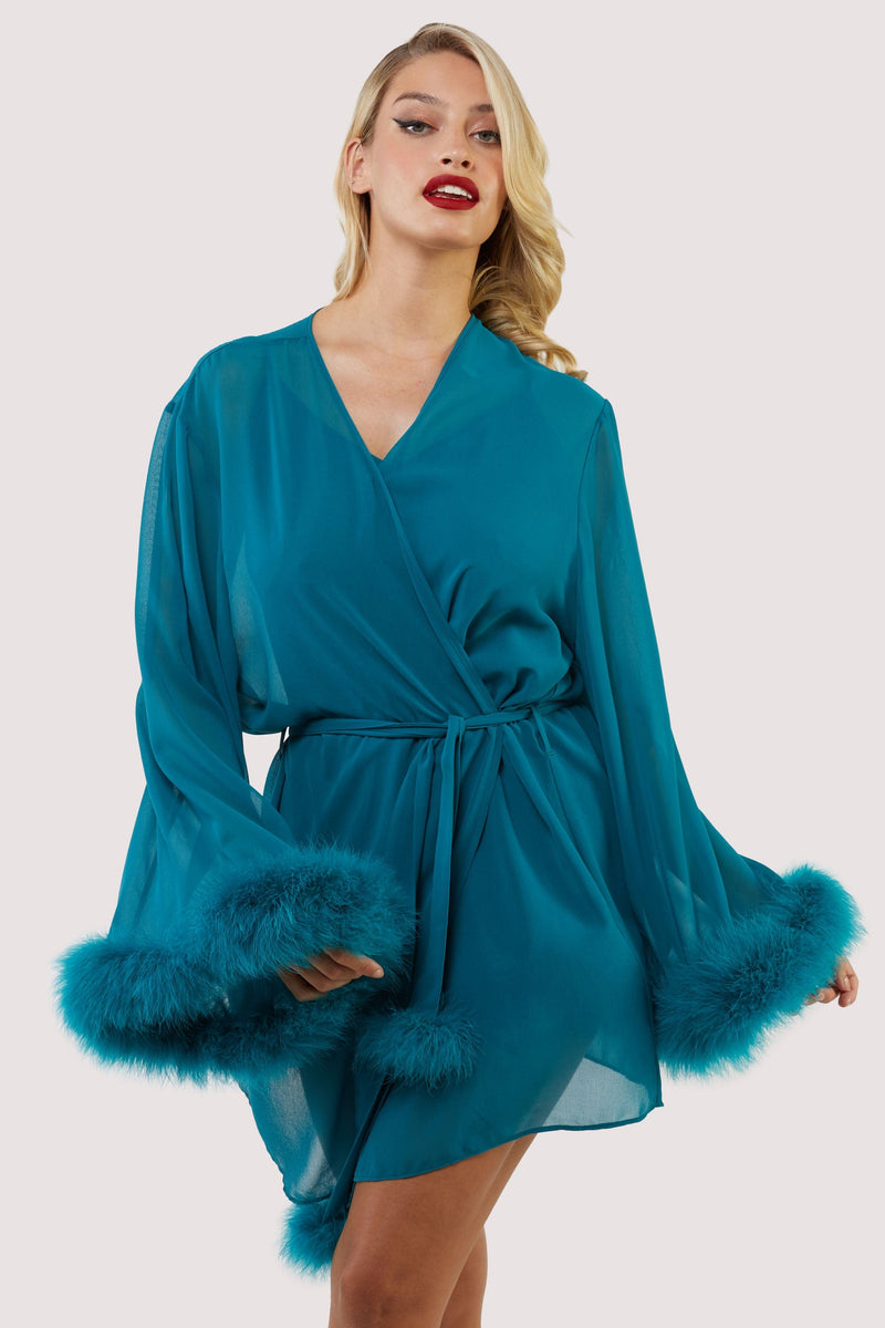 Teal Feather Trim Robe