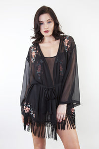 sheer chiffon mesh gown dressing robe fringe embroidered floral black