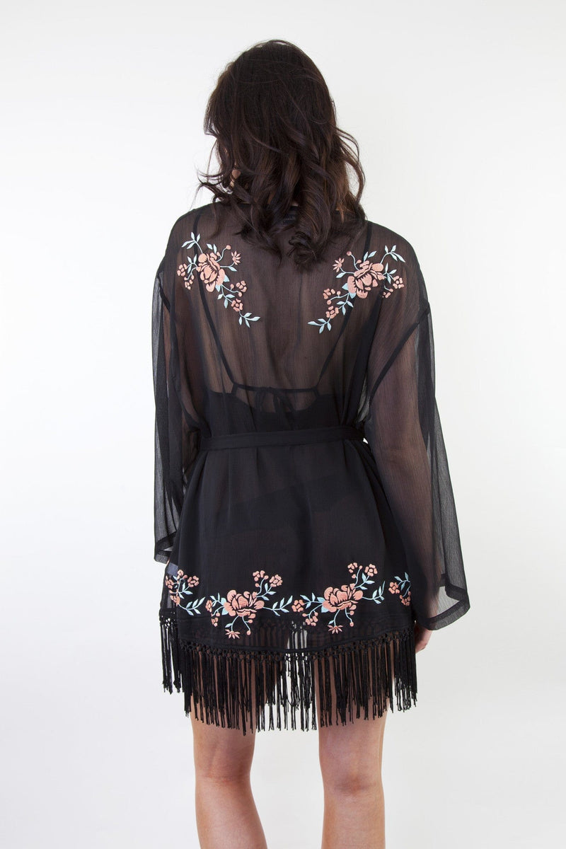 sheer chiffon mesh gown dressing robe fringe embroidered floral black