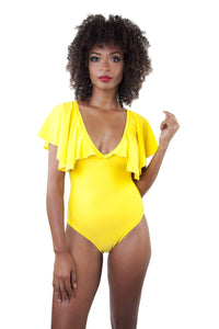 Ruffle Neckline Swimsuit Yellow