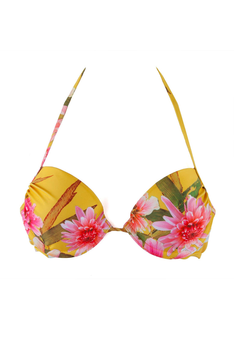 Peek & Beau Mustard Floral Print Push Up Plunge Bikini Top