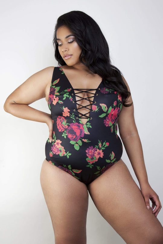 Wolf & Whistle Floral lace up swimsuit curve