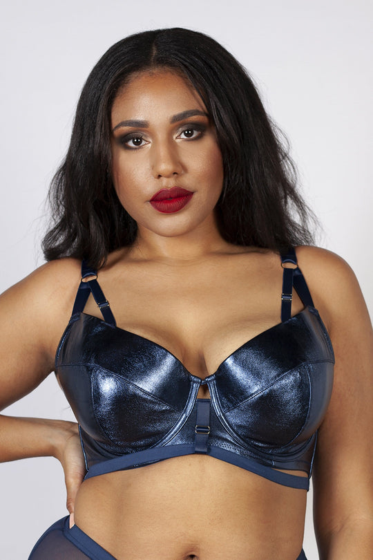 Kayla Metallic Leatherette Bra Midnight Blue B - K