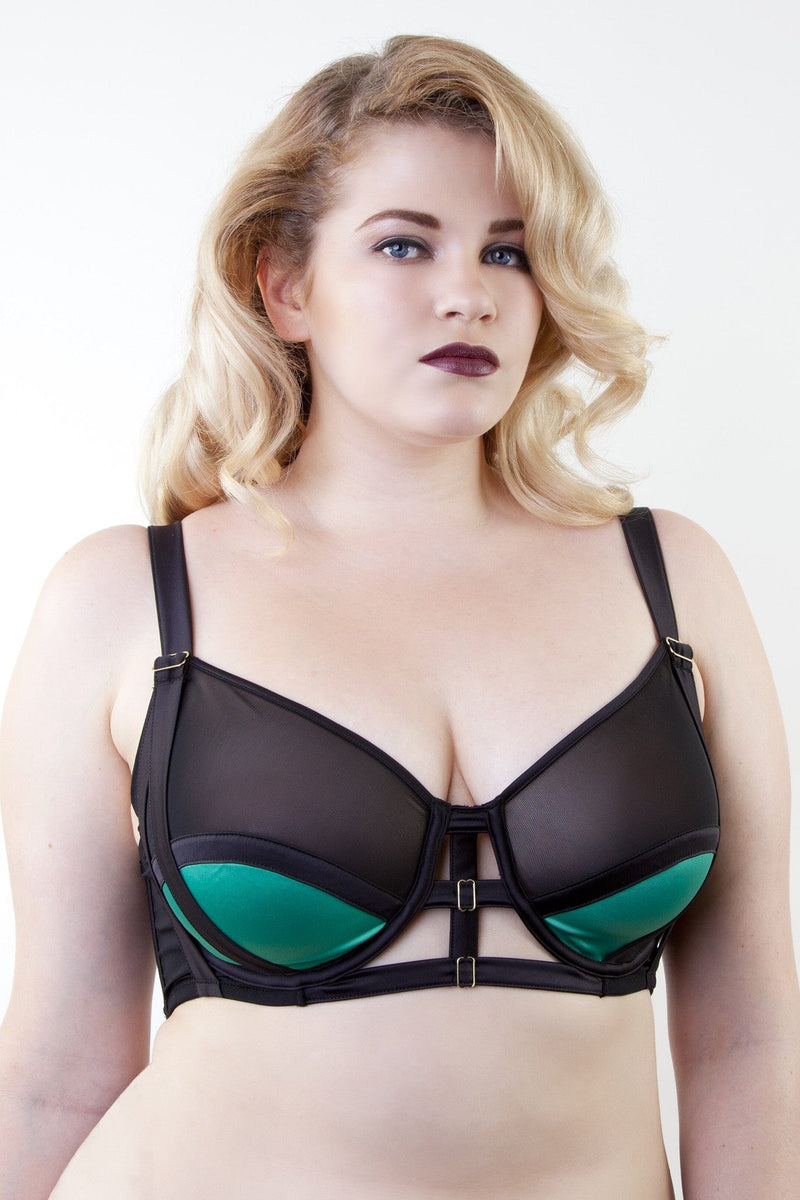 plus size black mesh green satin strappy harness bra