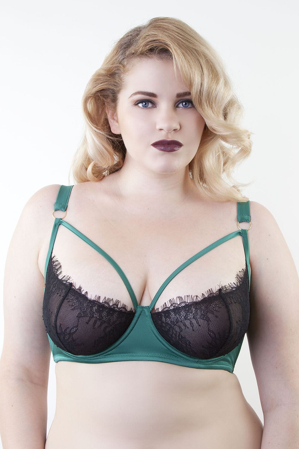 black and green satin lace eyelash caged strappy harness bra plus size curve