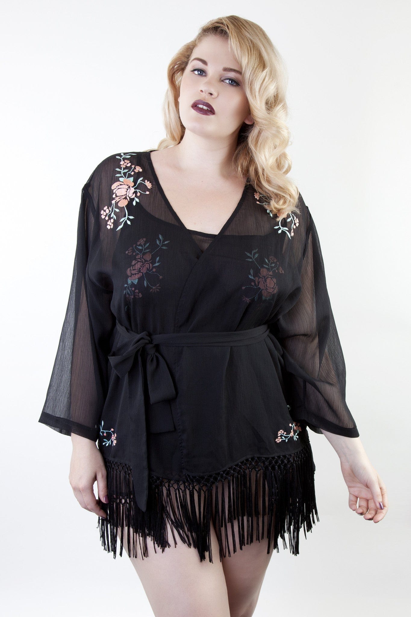 sheer chiffon mesh gown dressing robe nightwear fringe embroidered floral black plus size