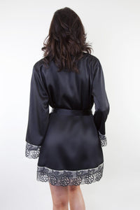 Black Embroidered Lace Satin Gown Dressing Robe Nightwear