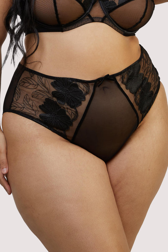 Annika Black Mesh and Embroidered High Waisted Brief