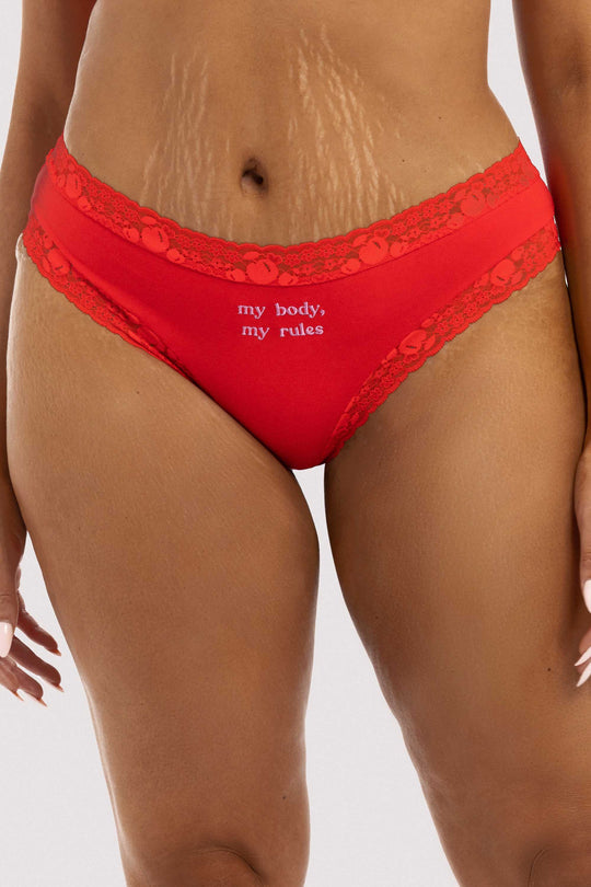 My Body, My Rules Red Embroidered Brief