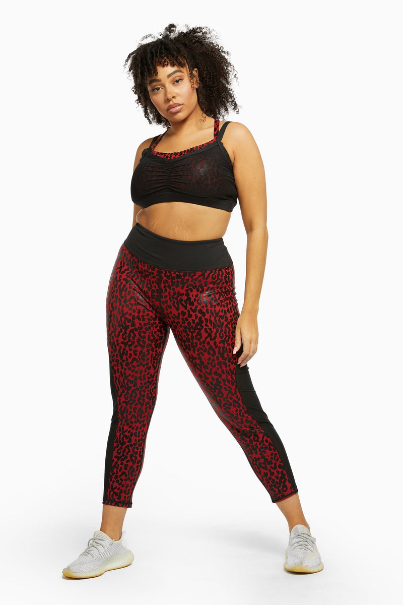 Dark Red and Black Leopard Wet Look Sports Bra Curve – Playful Promises USA