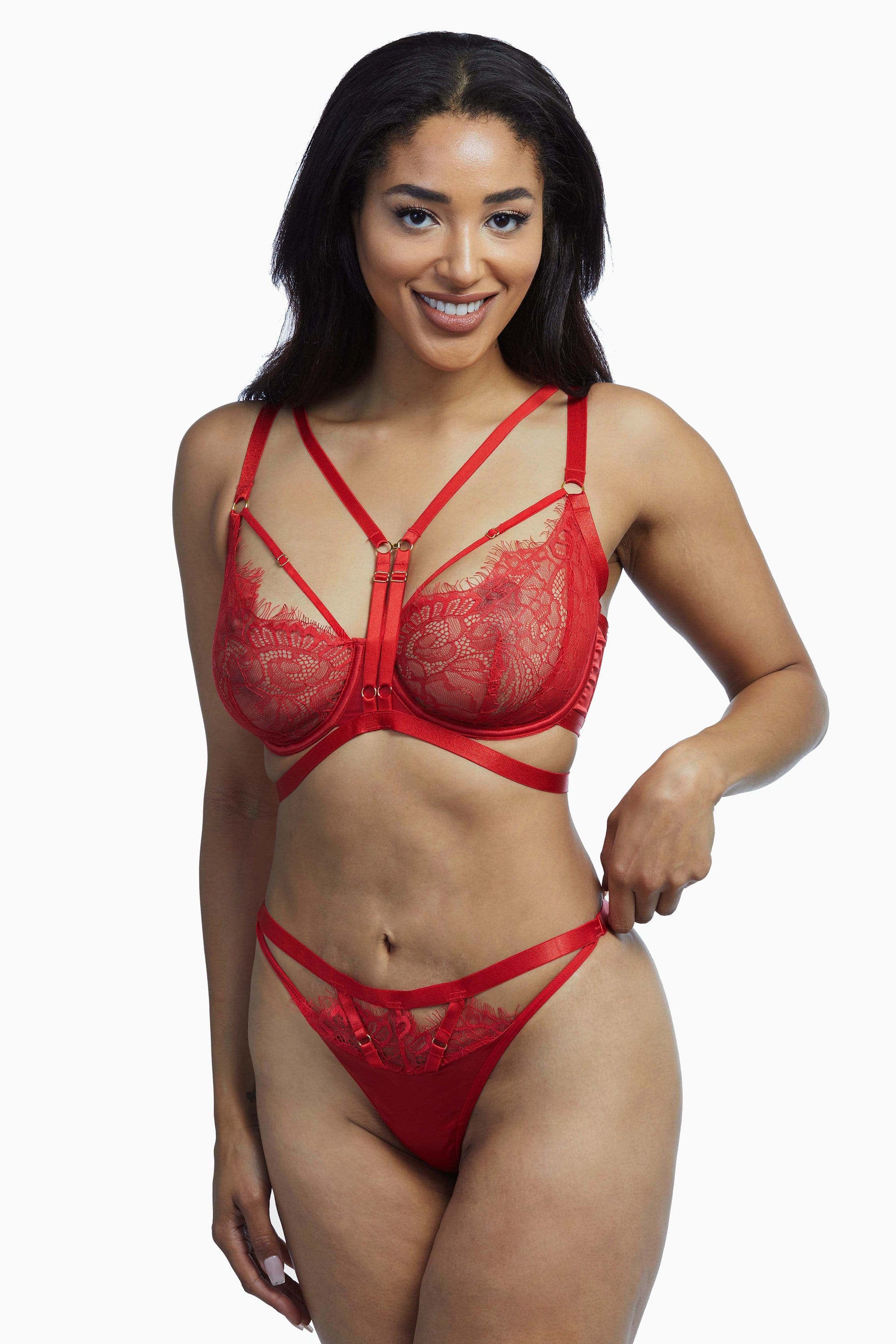 Wolf & Whistle Nevada Red Satin & Lace Harness Thong