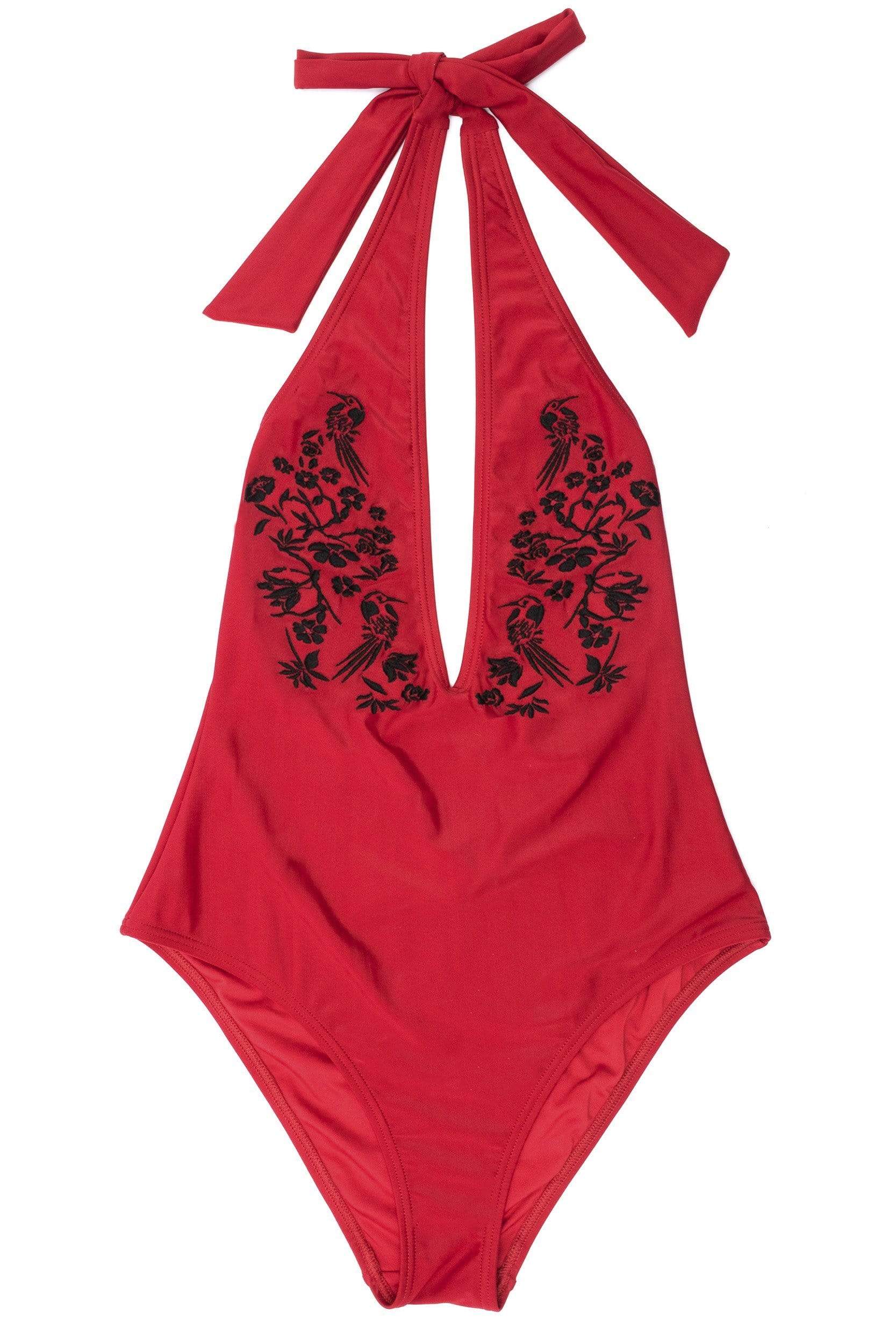 Lana Red Embroidered Plunge Swimsuit