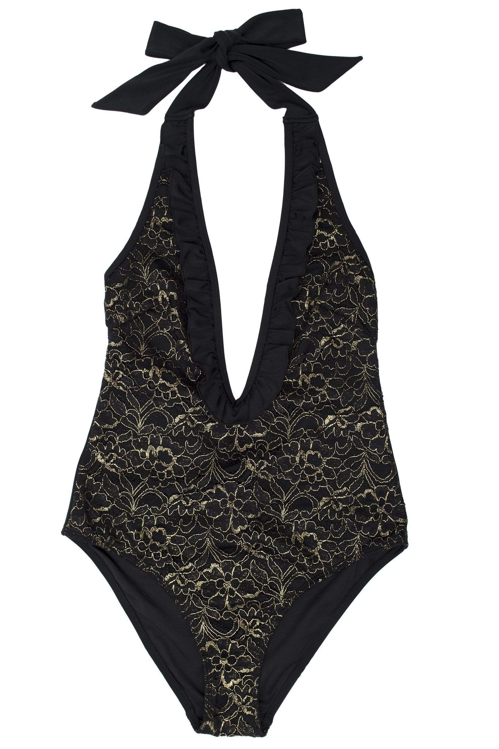 Leah gold lace plunge swimsuit