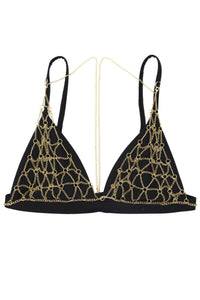 Wolf & Whistle Goldie black triangle bikini top with removable chain
