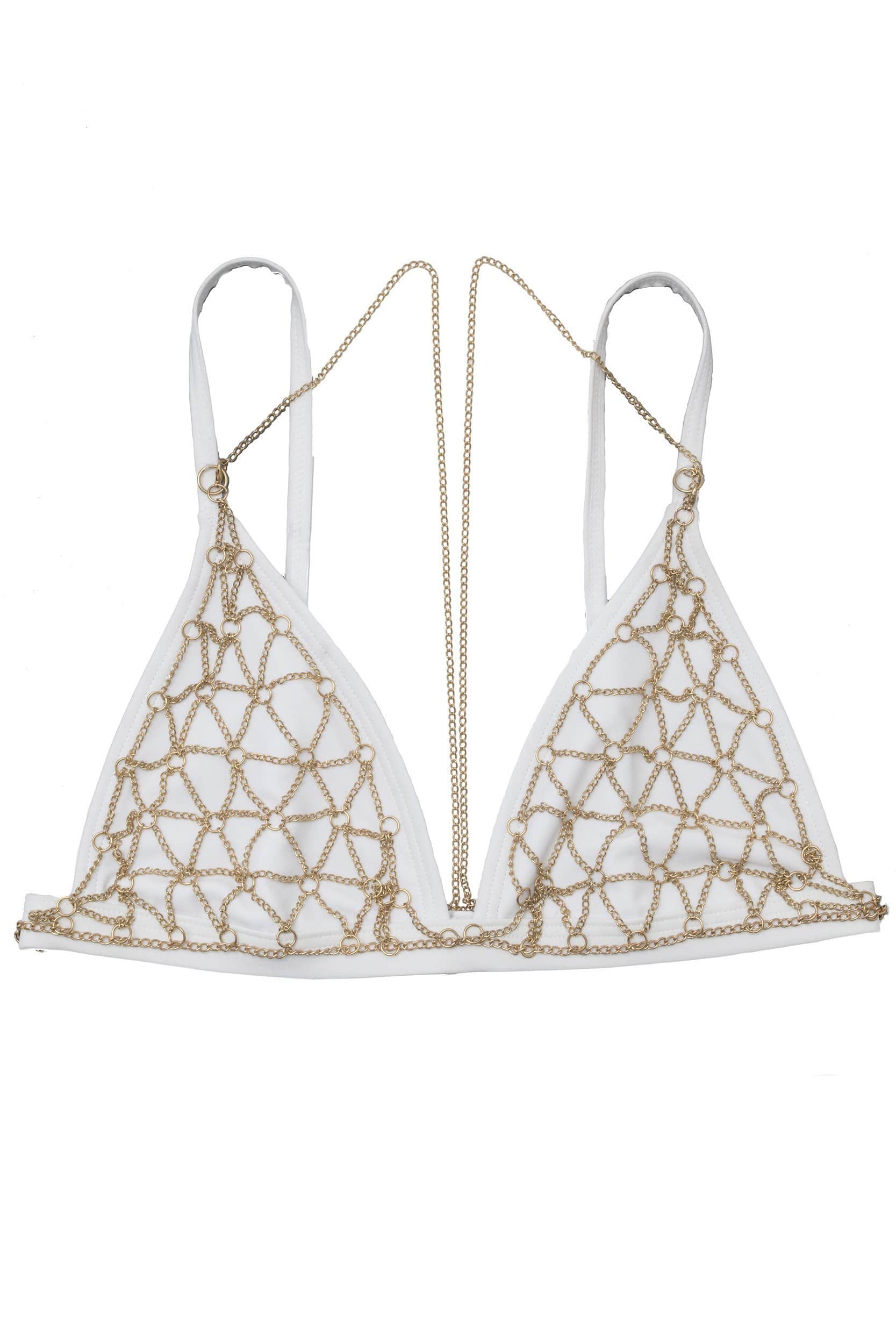 Wolf & Whistle Goldie white triangle bikini top with removable chain