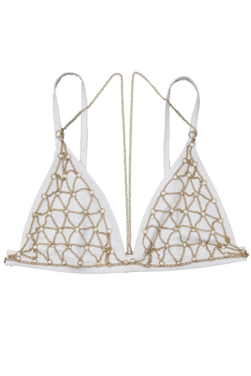 Wolf & Whistle Goldie white triangle bikini top with removable chain