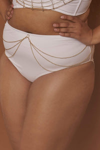 Goldie White high waist bikini brief with removable chain curve