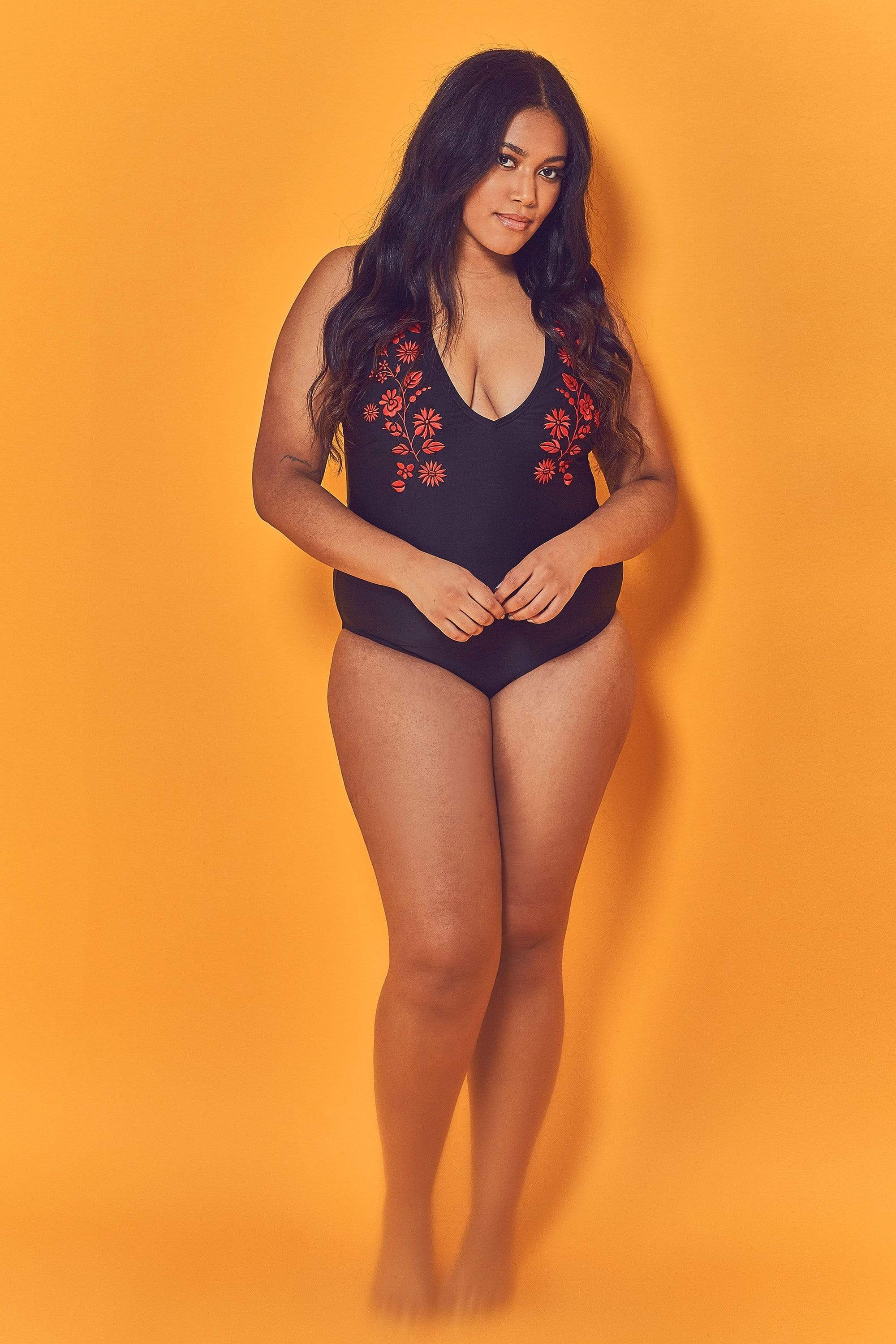 Embroidered Plunge Swimsuit Curve