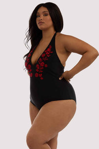 Embroidered Plunge Swimsuit Curve