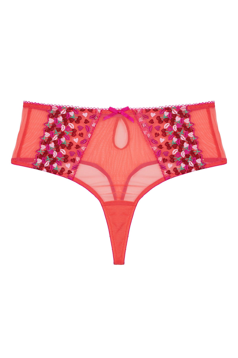 Cherry Embroidery Coral Highwaisted Thong