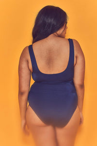 Navy Belted Plunge Swimsuit Curve