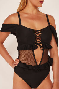 Wolf & Whistle Black Lace Up Swimsuit