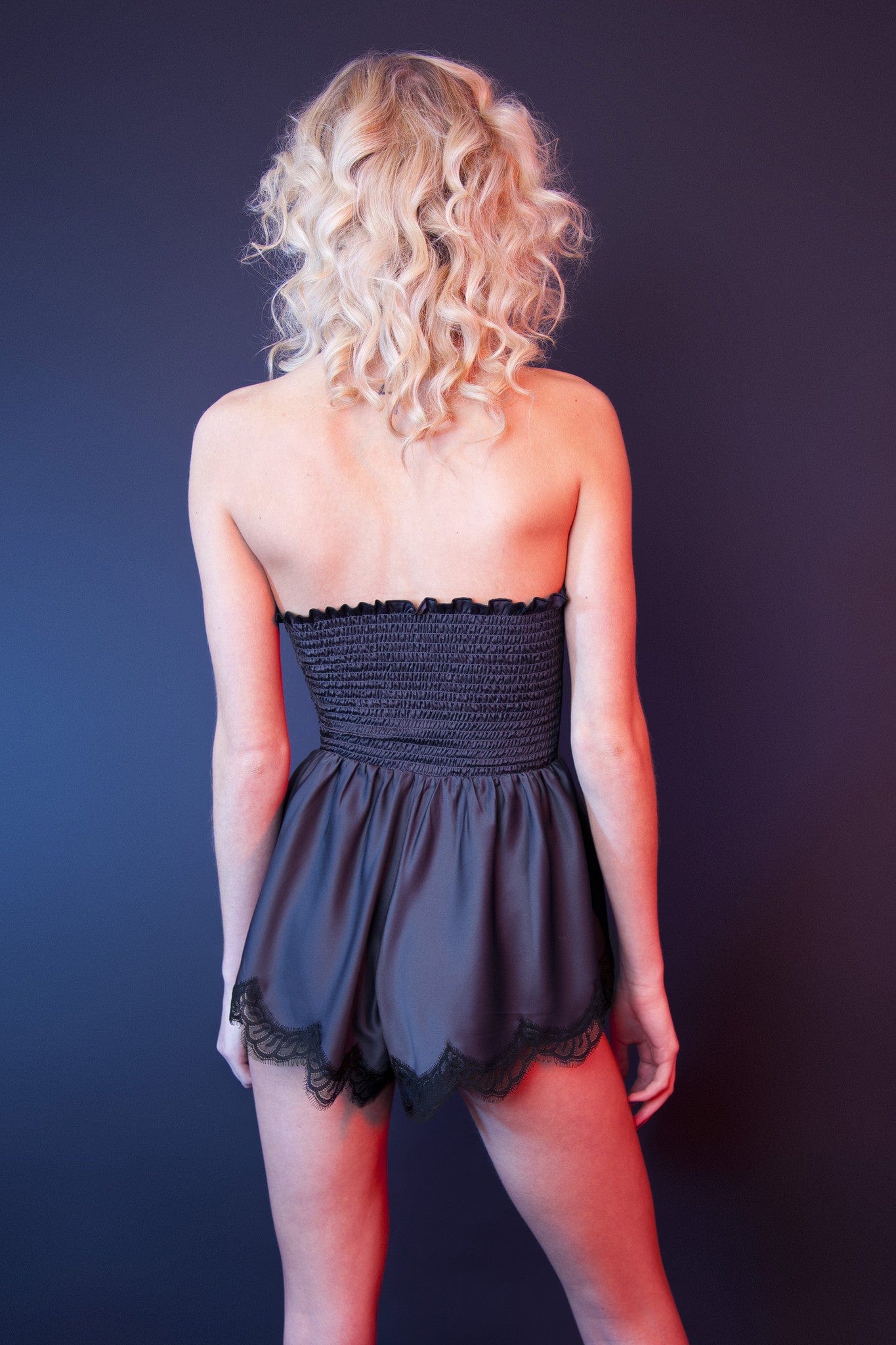 purple satin black lace body bodice teddy shorts strapless sweetheart neckline fitted playsuit