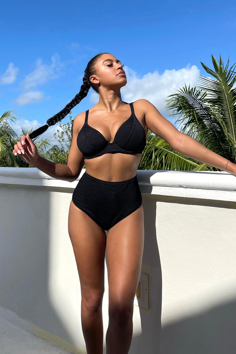 Black Textured Wired Plunge Bikini Top