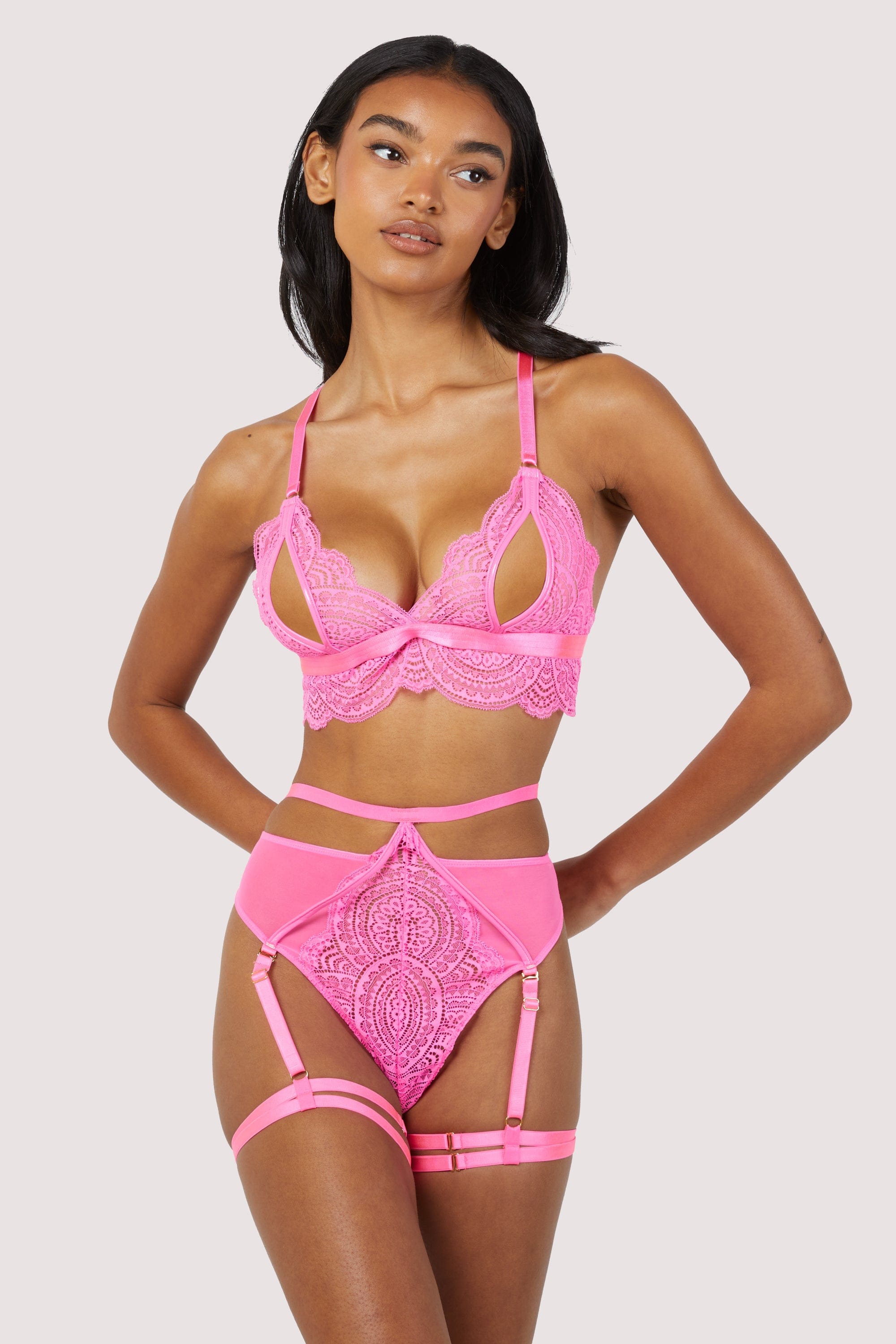 Demi Pink Lace High Waisted Suspender Thong – Playful Promises USA