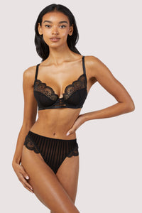 Saretta Black Stripe Mesh and Lace High Waist Thong